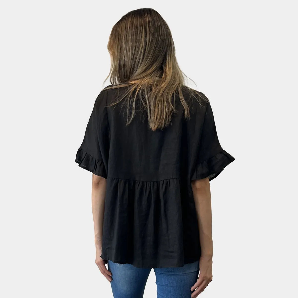 Black Linen Top with frill