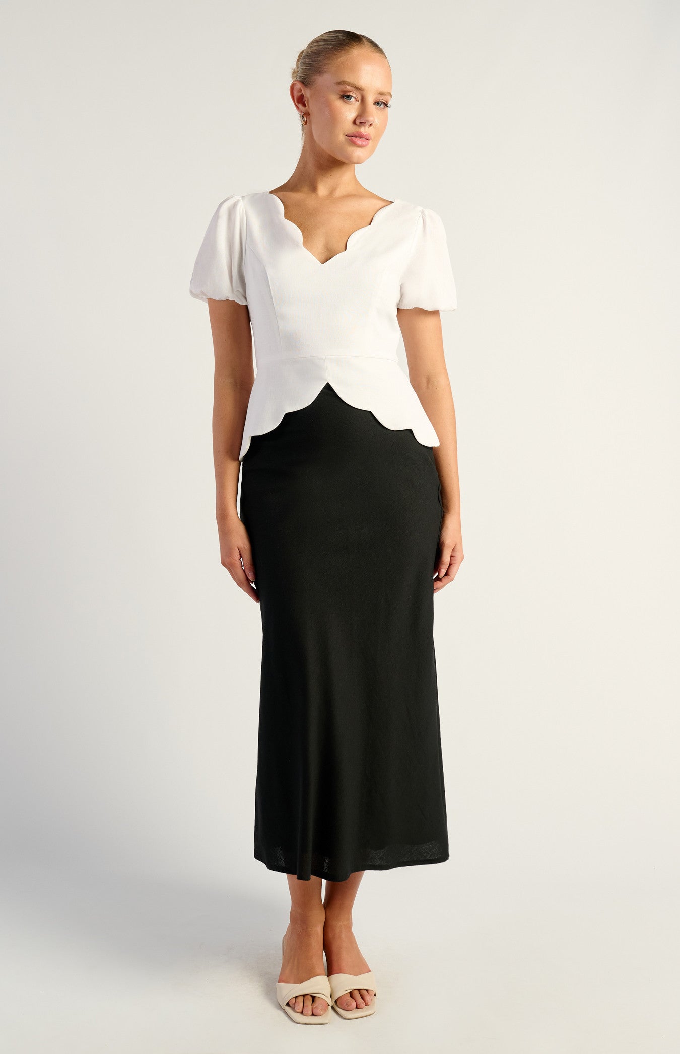 Lia Puff Sleeve Scallop Top White