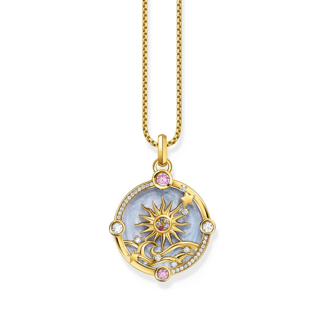 Gold necklace with a sunflower pendant on a white background