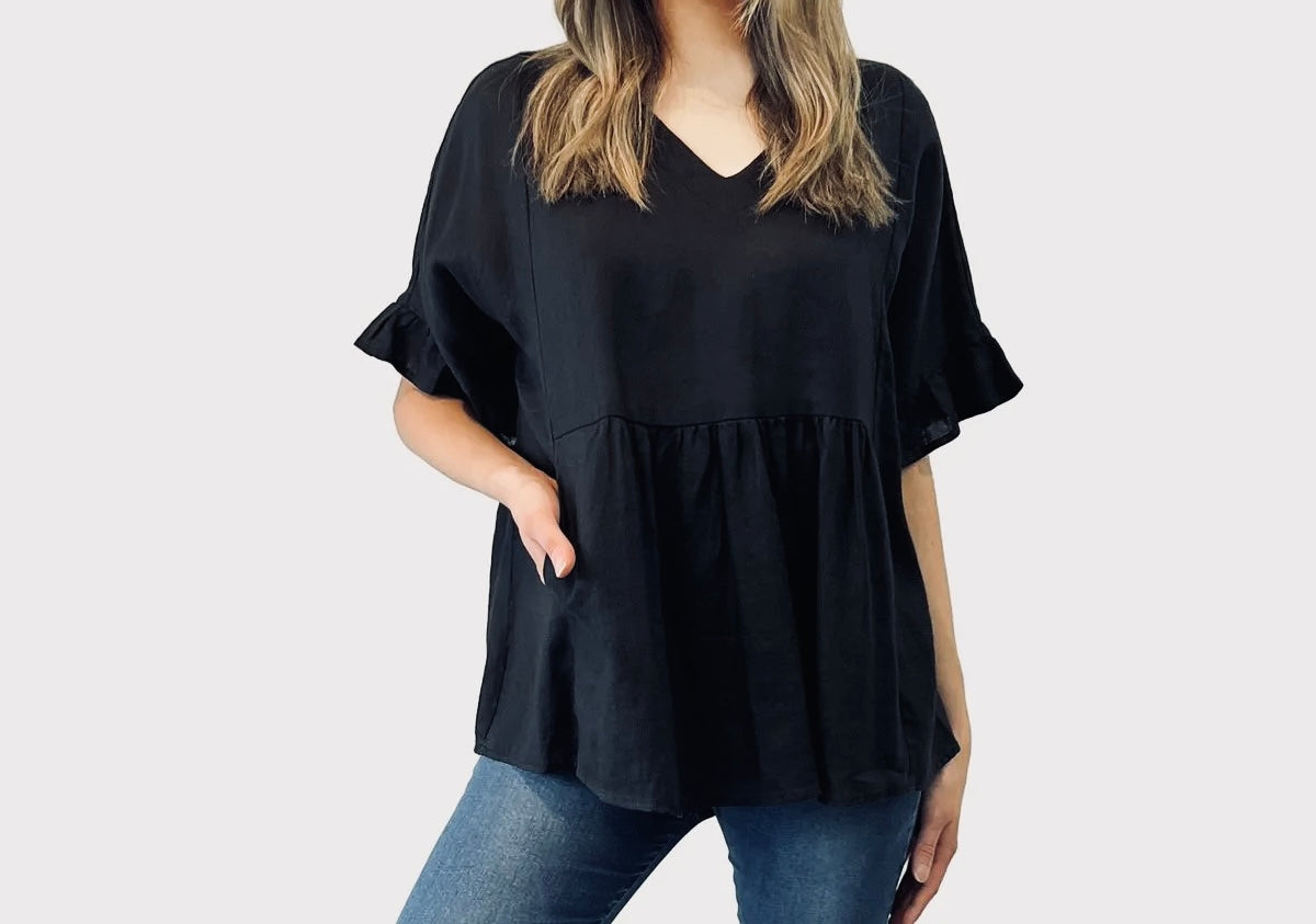 Black Linen Top with frill