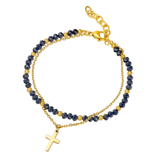Duo Gold Plated Chain & Black Glass Bead Rosary Cross Bracelet
