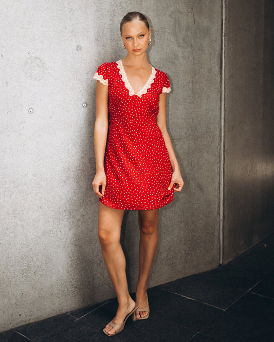 Sia Lace Trim Mini Dress Red