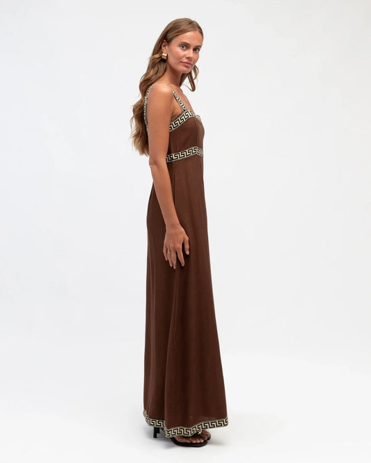 Hot Property Motif Border Maxi Dress Chocolate